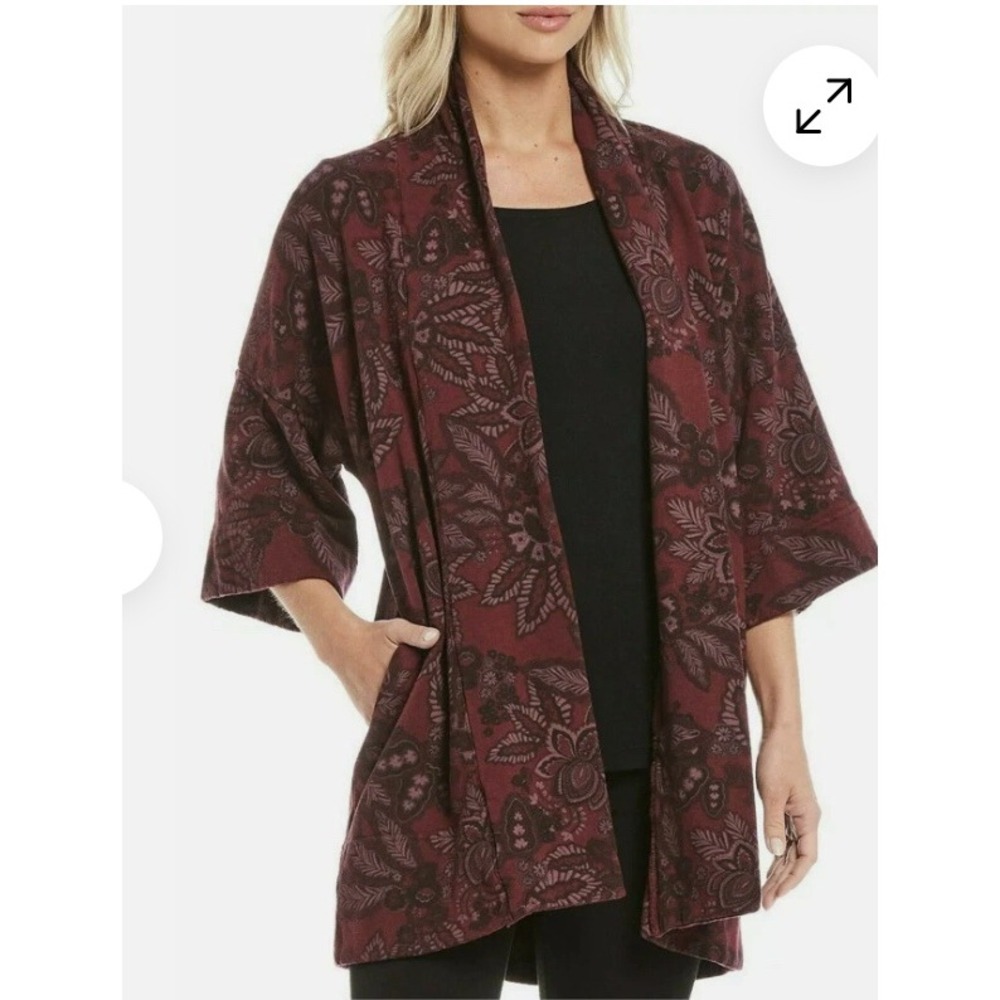 Bryn Walker Margo Cardigan Jacket sz L Wine Boho Bamboo Floral Lagenlook Q